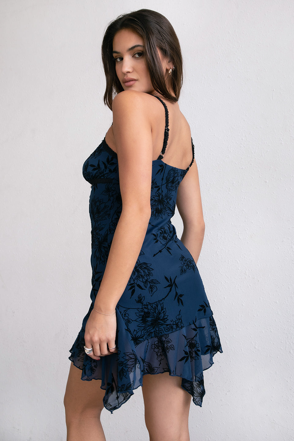 Woman wearing TIC TOC JISELLE Flocked Mesh Mini Dress in navy bcak detail