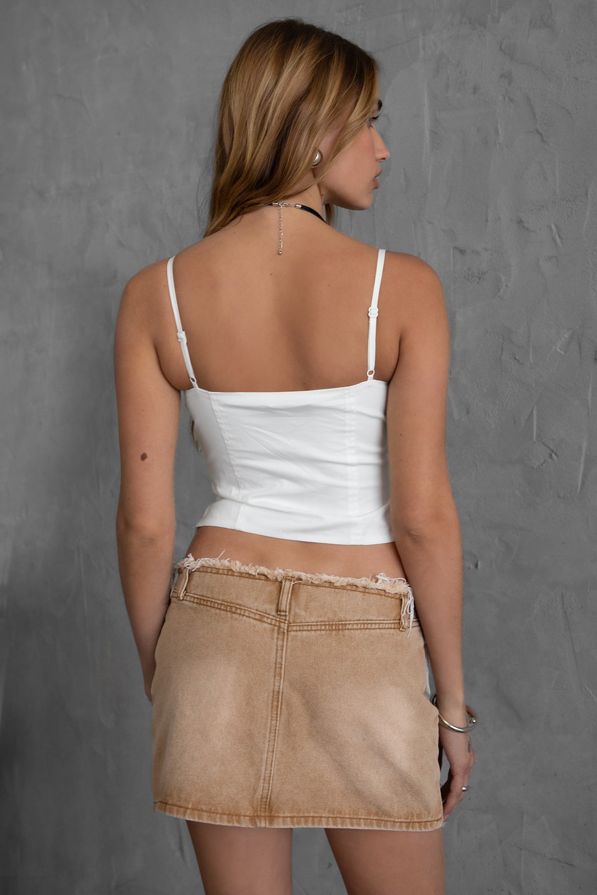 TIC TOC ELENOR Stretch Poplin Corset Cami Top in white with frilled sweetheart neckline, tie bust, and scalloped hem.