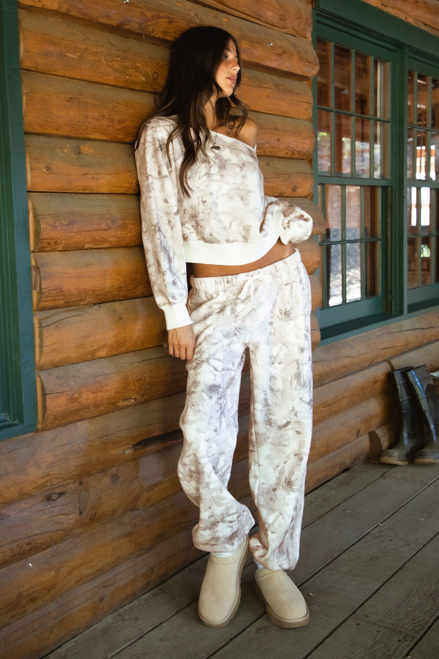 TIC TOC AVERY Woodland Camo Fleece Sweatpants with self-tie waistband, elastic cuffs, and soft Cloud Fleece fabric.