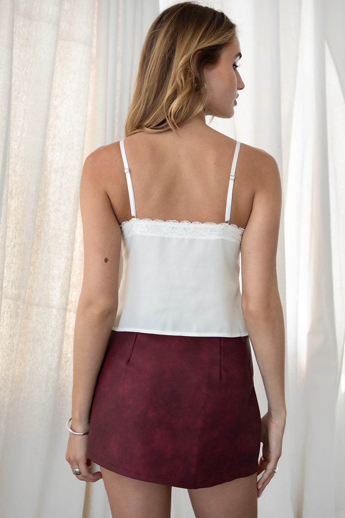 TIC TOC JILLA Chiffon Cami Top in cream with plunging V neckline, lace trim, and cropped bias-cut hem.