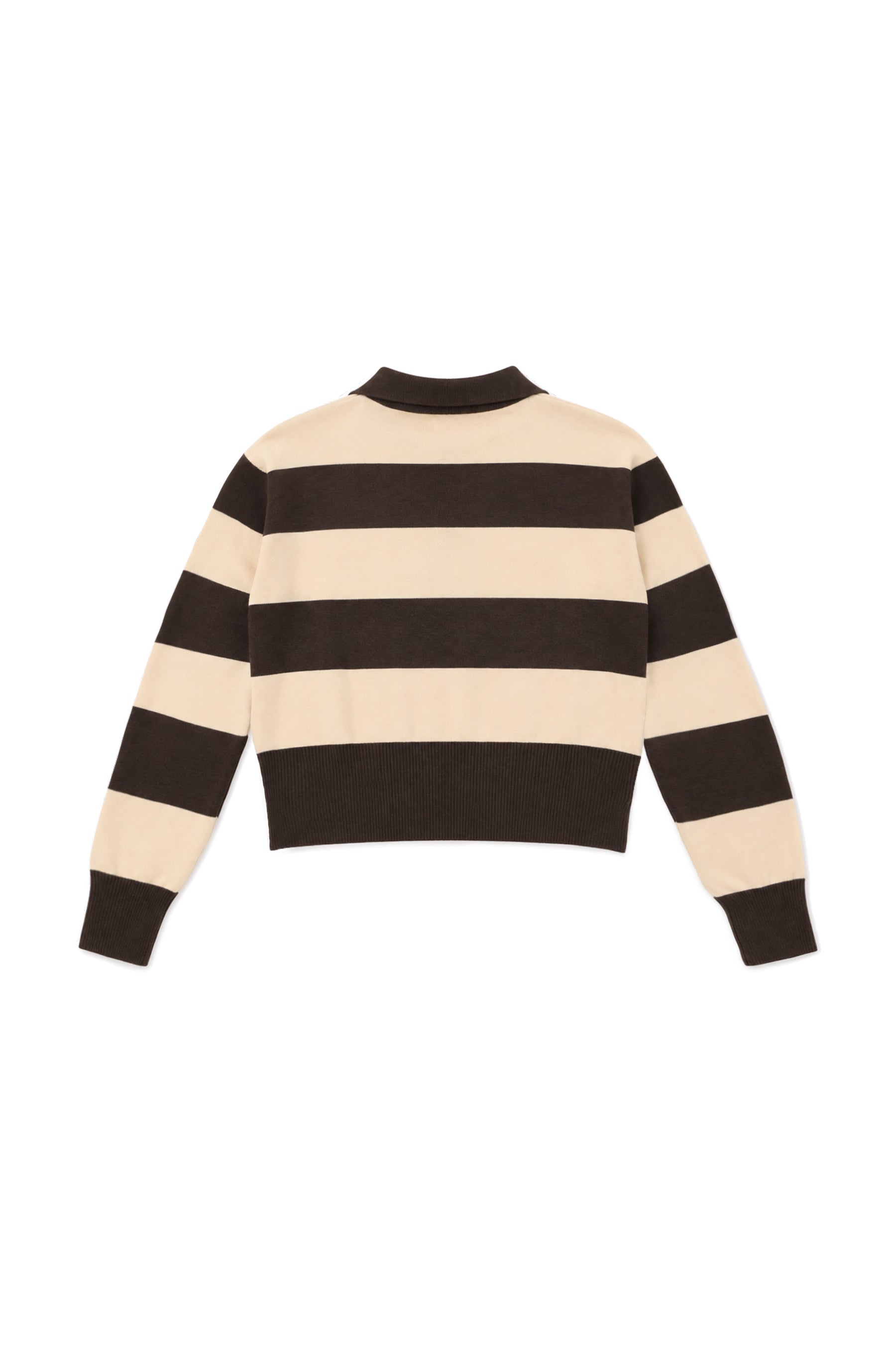 Woman wearing PRESCOTT striped collared classic preppy sweater featuring soft sweater knit fabric, bold contrast stripes, polo inspired collar with open V neckline, wide horizontal stripe design, relaxed dropped shoulder silhouette, long sleeves with contrast ribbed cuffs, ribbed hem, and subtle side slits.