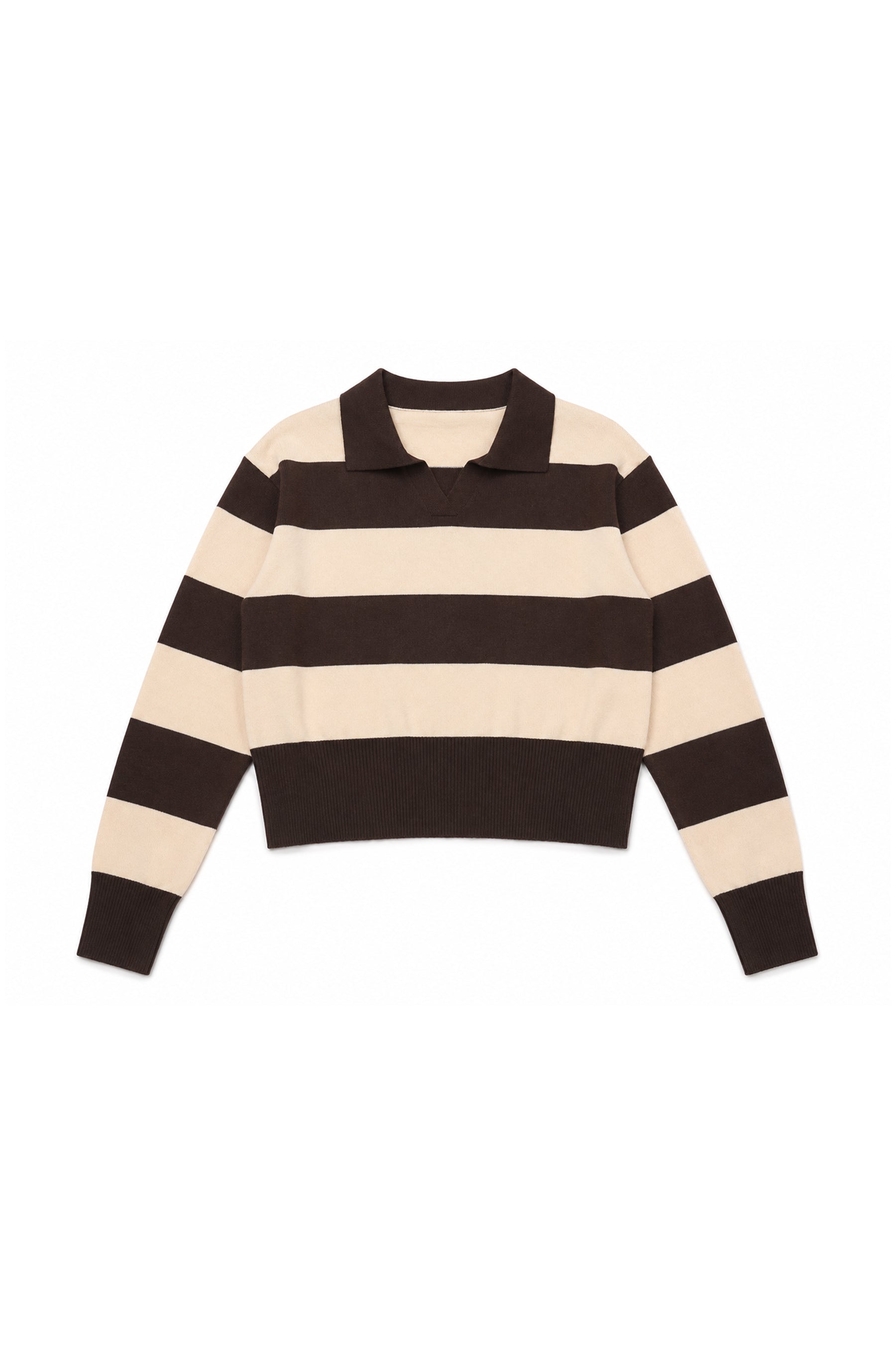 Woman wearing PRESCOTT striped collared classic preppy sweater featuring soft sweater knit fabric, bold contrast stripes, polo inspired collar with open V neckline, wide horizontal stripe design, relaxed dropped shoulder silhouette, long sleeves with contrast ribbed cuffs, ribbed hem, and subtle side slits.