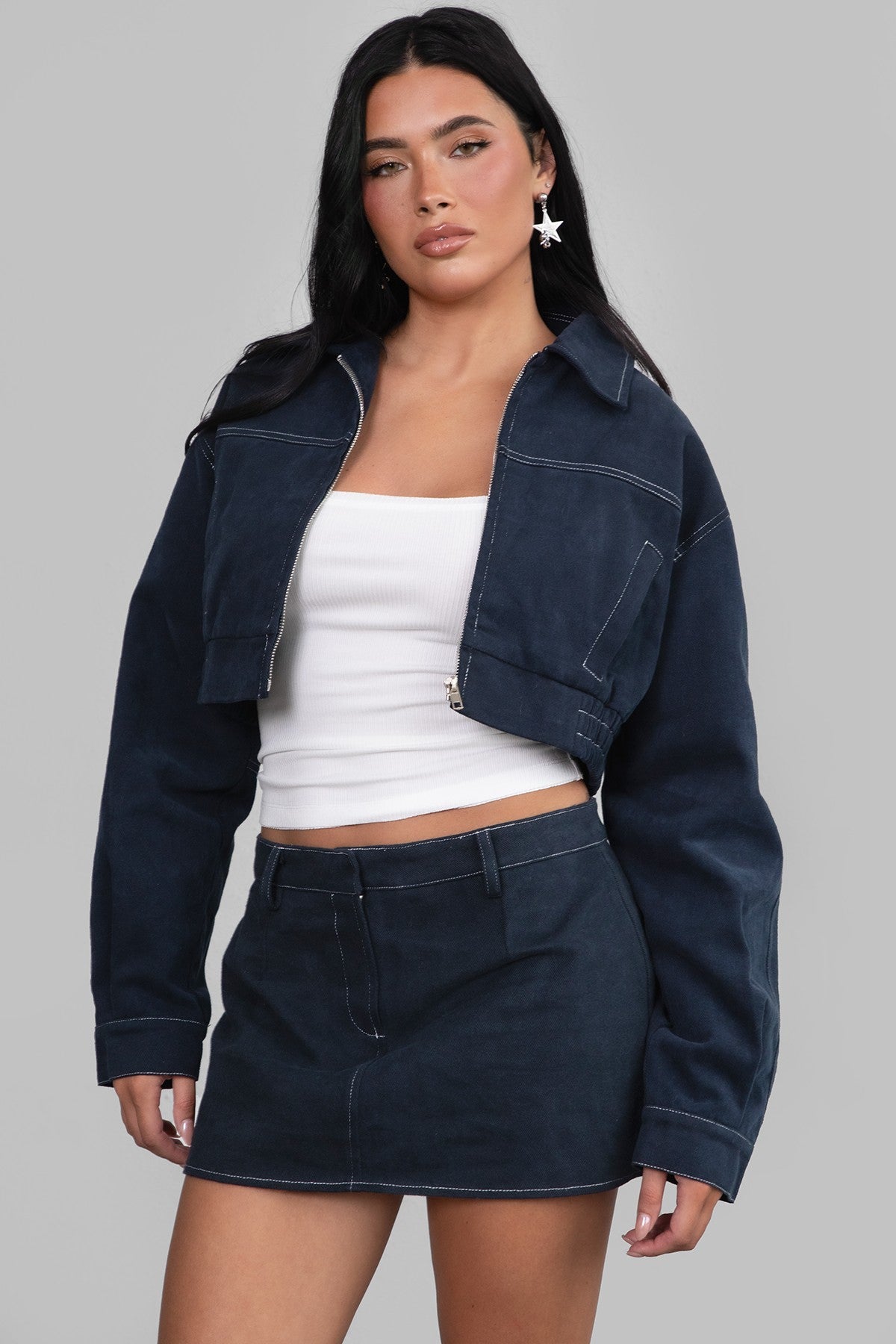 TIC TOC DICKIEZ Cropped Twill Jacket front view – classic collar and zip closure.